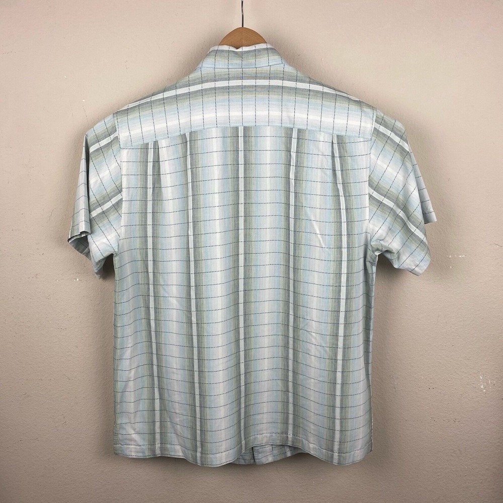 Tommy‎ Bahama Men's Blue Green Striped Silk Blend Short Sleeve Button Down Shirt - Picture 5 of 5